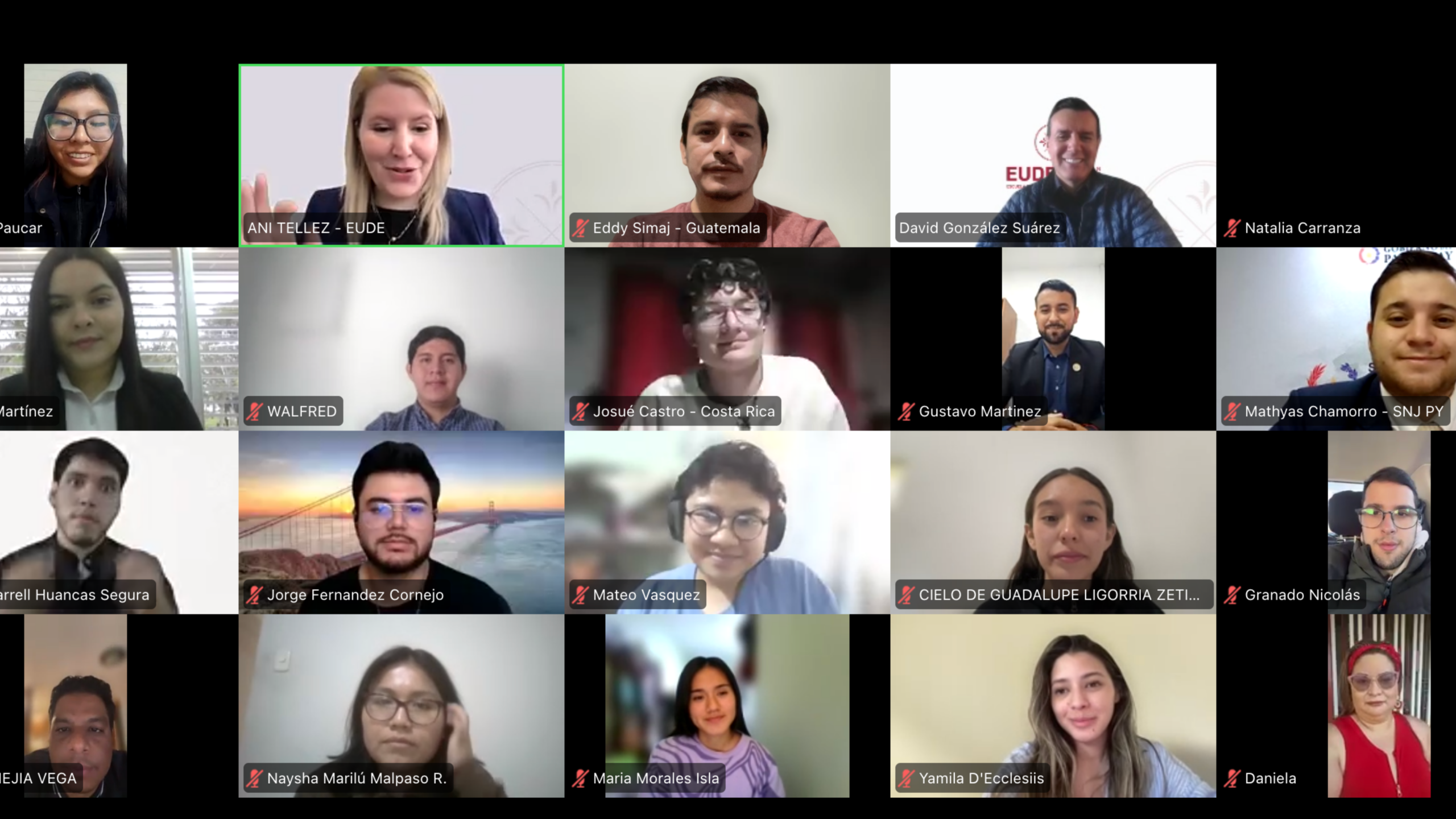 Jóvenes líderes guatemaltecos y participantes internacionales durante una sesión virtual de BKT